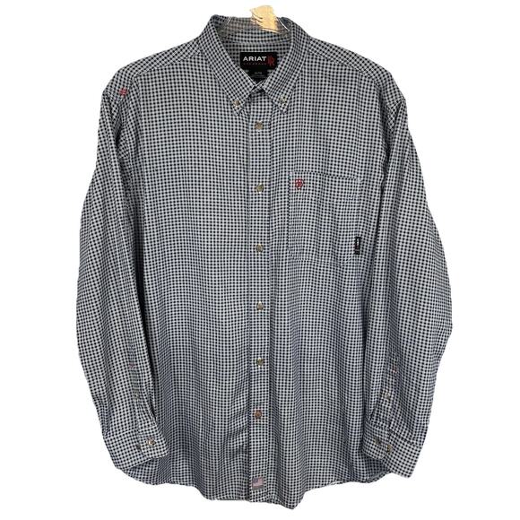 Ariat FR Work Shirt Men XL Navy Plaid Flame Resistant CAT 2 Button Down Workwear - Picture 1 of 16